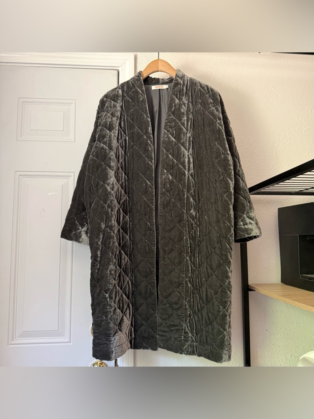 JOHNNY WAS dark olive sage silk quilted velvet long line open front duster coat